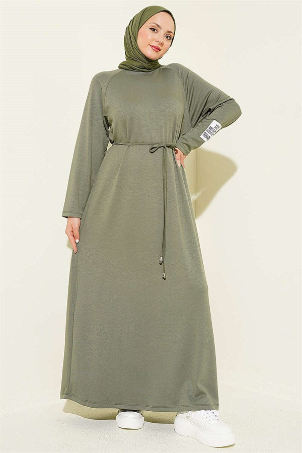 Loisha Dress with Embellished Sleeves and Drawstring Belt, Light Green