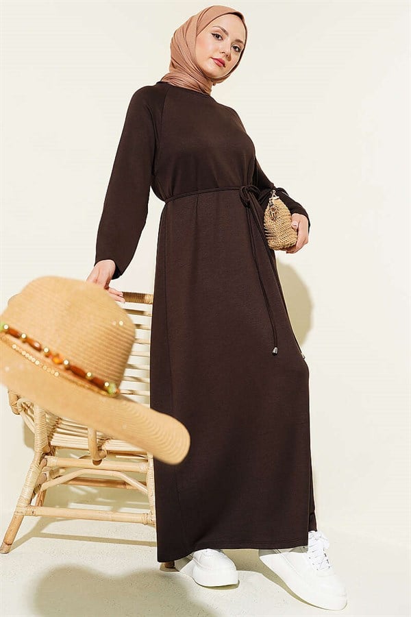 Loisha Dress with Embellished Sleeves and Rope Belt, Brown