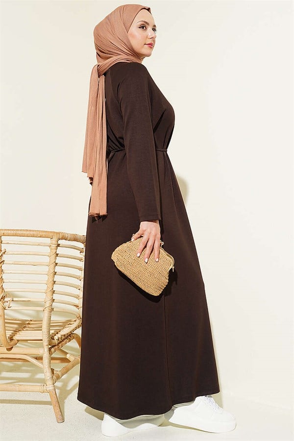 Loisha Dress with Embellished Sleeves and Rope Belt, Brown