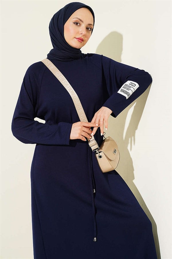 Loisha Dress with Embellished Sleeves and Rope Belt, Navy Blue