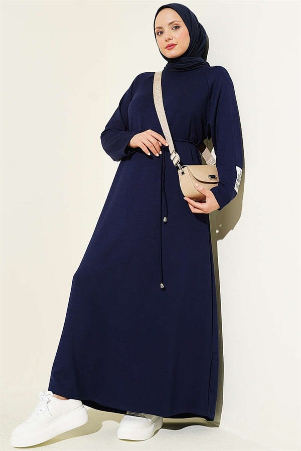 Loisha Dress with Embellished Sleeves and Rope Belt, Navy Blue