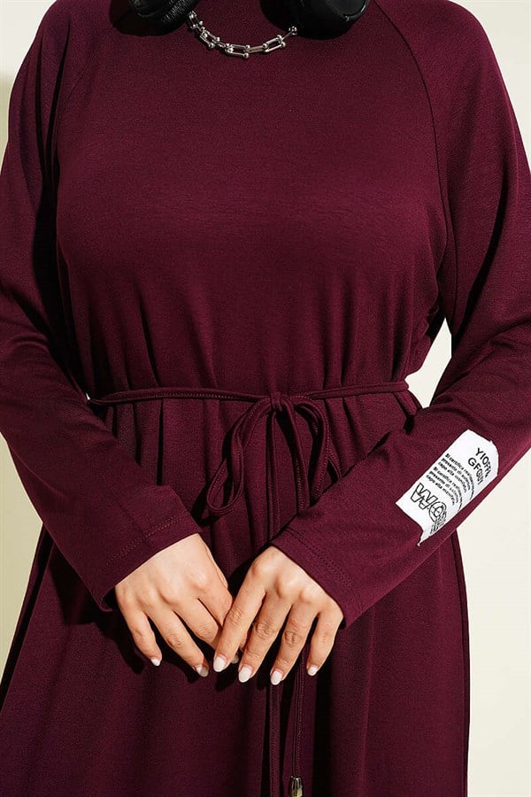 Loisha Dress with Embellished Sleeves and Rope Belt, Plum