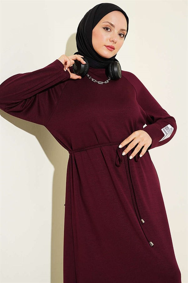 Loisha Dress with Embellished Sleeves and Rope Belt, Plum