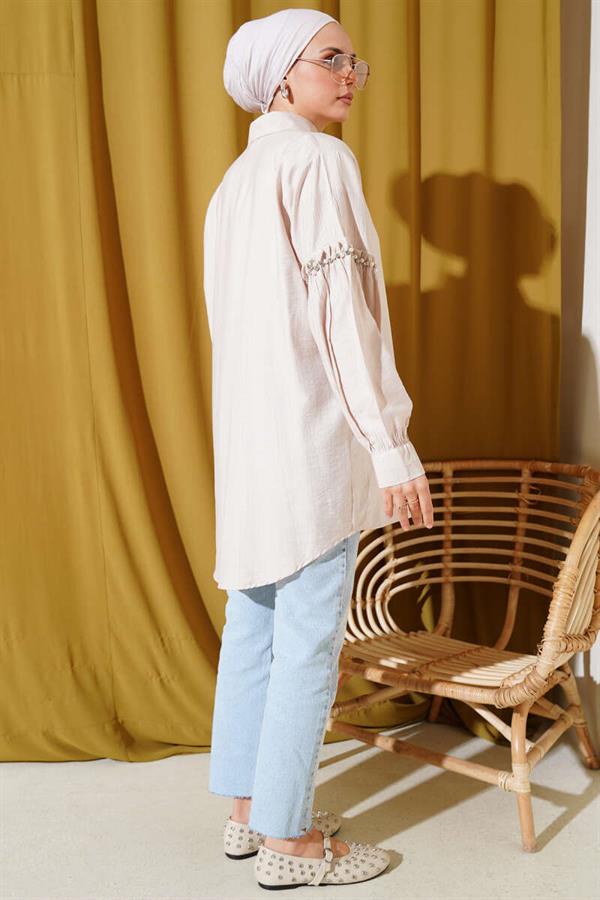 Shirt with Pearl Detail on the Sleeves, Beige
