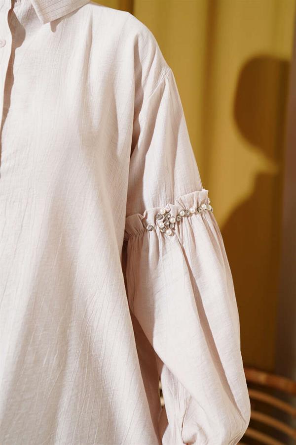 Shirt with Pearl Detail on the Sleeves, Beige