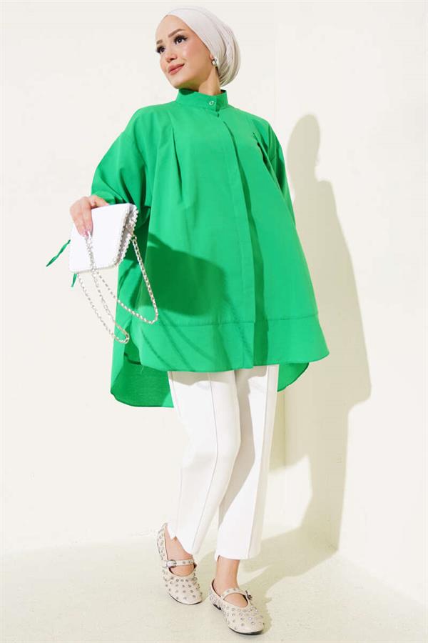 Tunic with Slit and Rope-Tie Sleeves Green