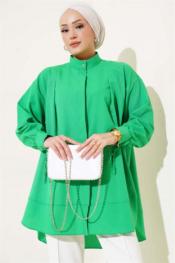 Tunic with Slit and Rope-Tie Sleeves Green