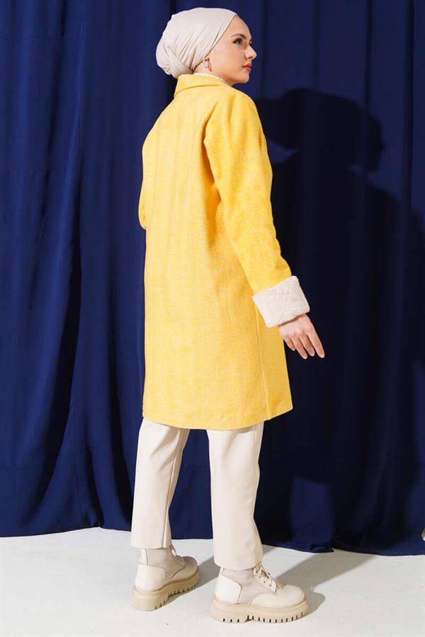 Plush Handle Zigzag Pattern Cashmere Coat Mustard
