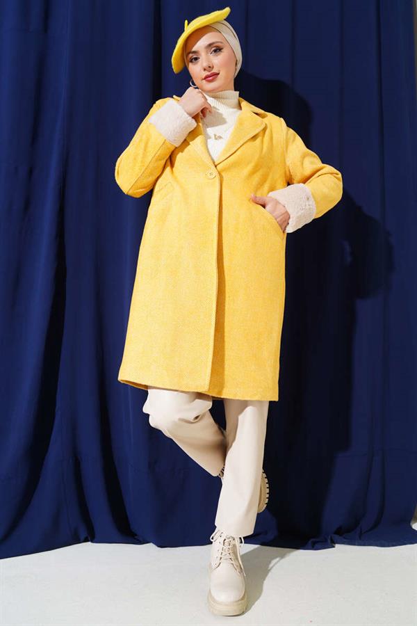 Plush Handle Zigzag Pattern Cashmere Coat Mustard