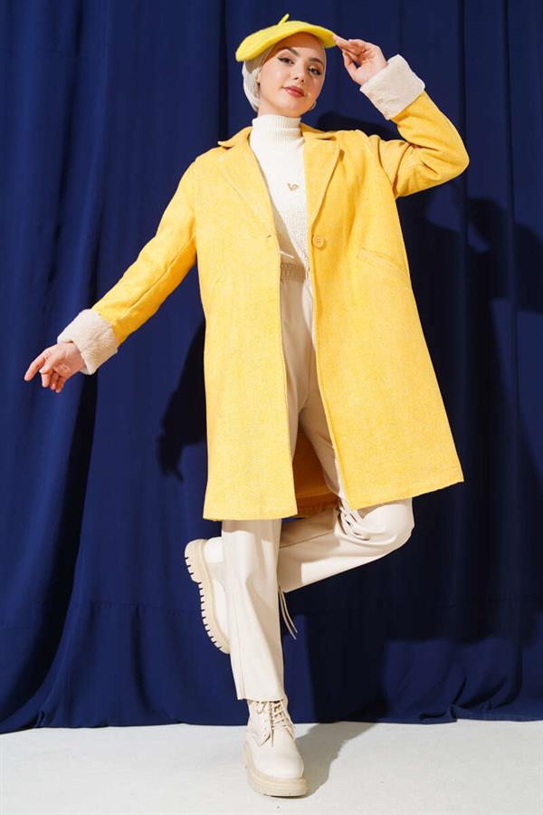 Plush Handle Zigzag Pattern Cashmere Coat Mustard