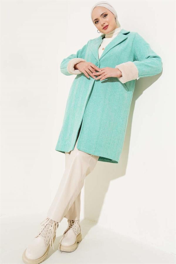 Plush Zigzag Pattern Cashmere Coat Green