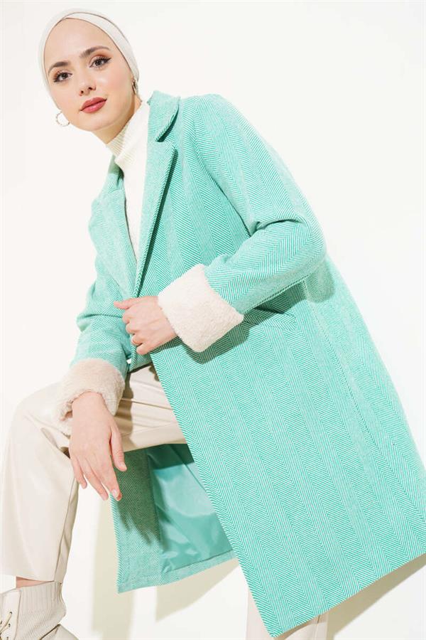 Plush Zigzag Pattern Cashmere Coat Green
