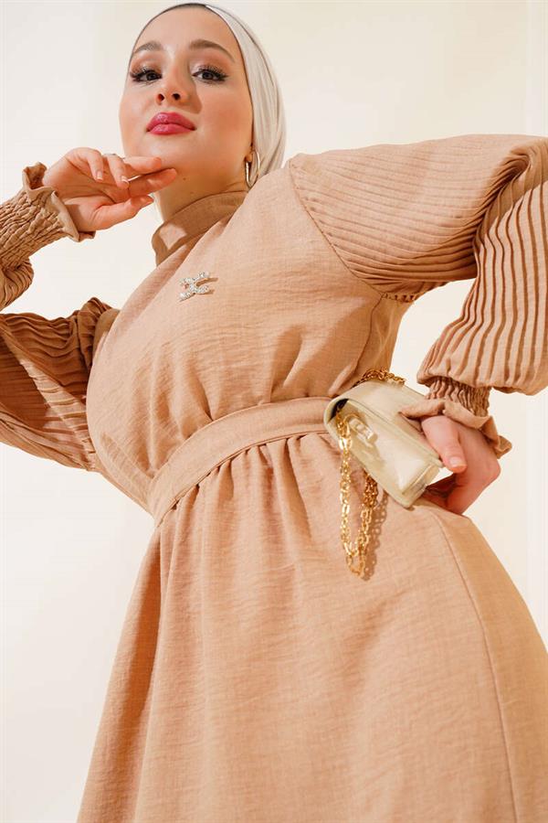Pleated Sleeve Linen Dress Latte