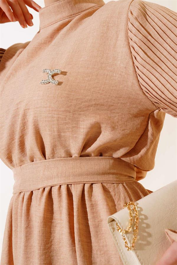 Pleated Sleeve Linen Dress Latte