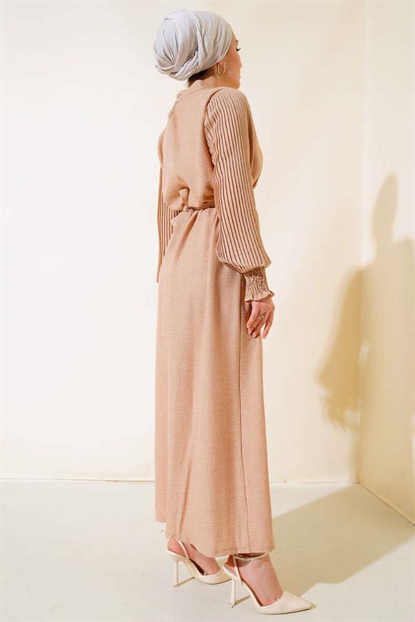 Pleated Sleeve Linen Dress Latte