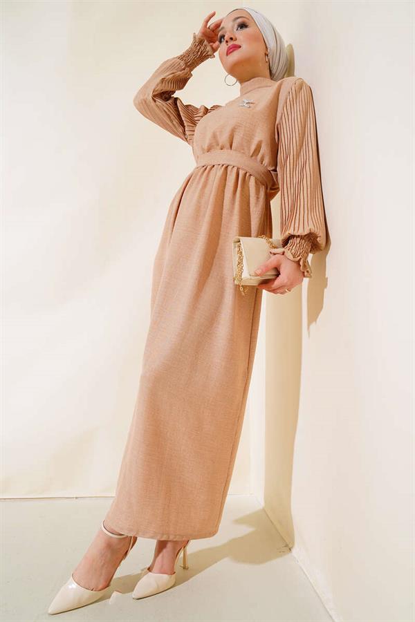 Pleated Sleeve Linen Dress Latte