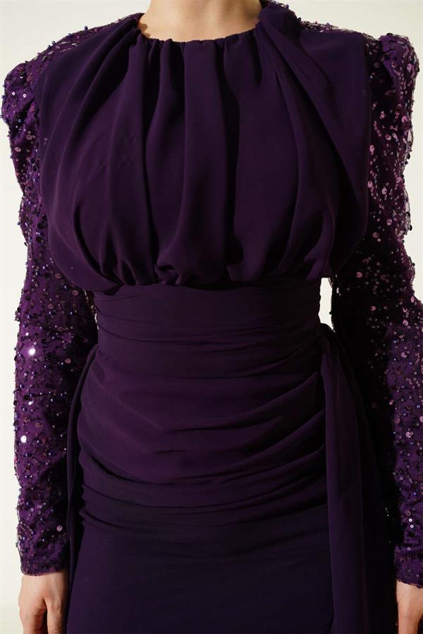 Purple Evening Dress with Sequined Sleeves and Cape