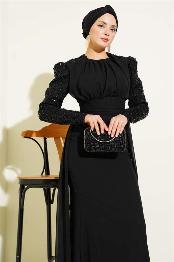 Black Evening Dress with Sequined Sleeves and Cape