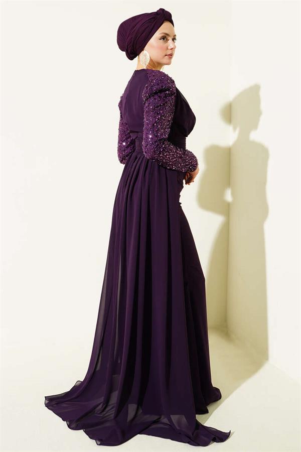 Purple Evening Dress with Sequined Sleeves and Cape