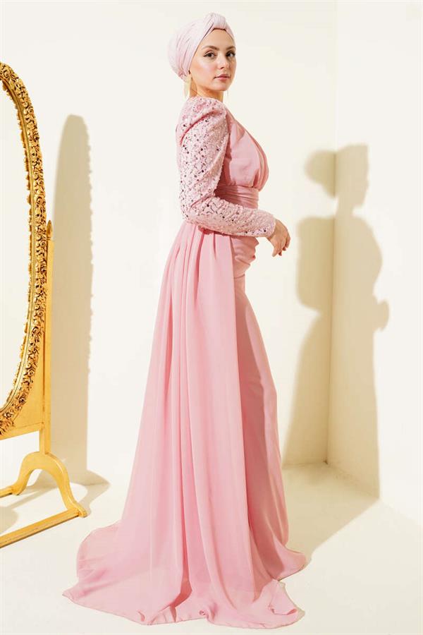 Pink Evening Dress with Sequined Sleeves and Cape