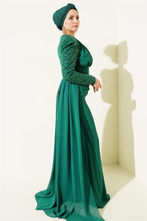 Emerald Green Cape Evening Dress with Sequin Detail on Sleeves