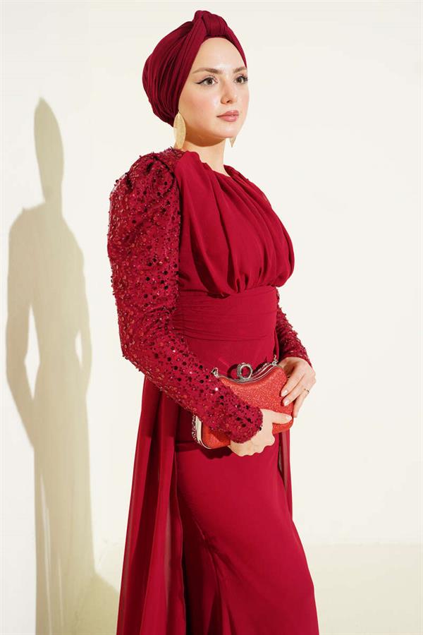 Burgundy Evening Dress with Sequined Sleeves and Cape