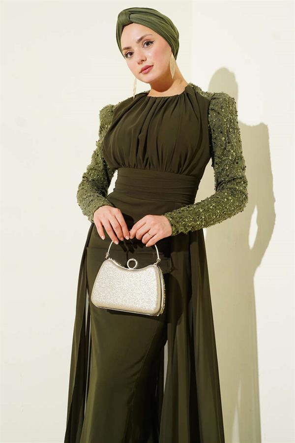 Khaki Evening Dress with Sequined Sleeves and Cape