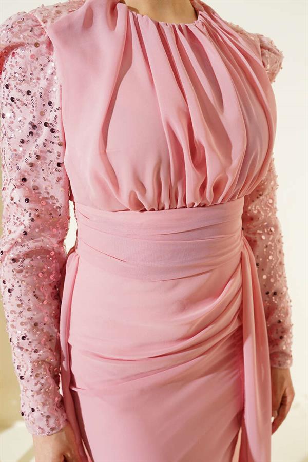 Pink Evening Dress with Sequined Sleeves and Cape