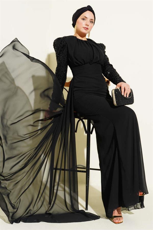 Black Evening Dress with Sequined Sleeves and Cape