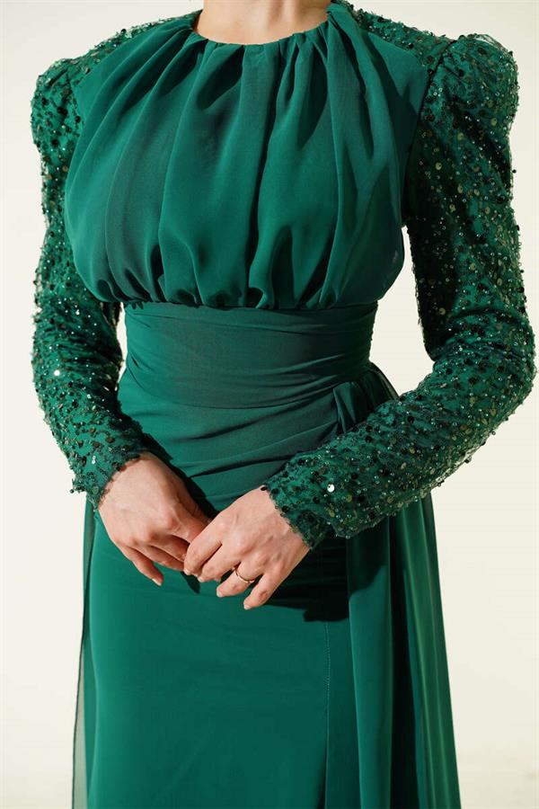 Emerald Green Cape Evening Dress with Sequin Detail on Sleeves