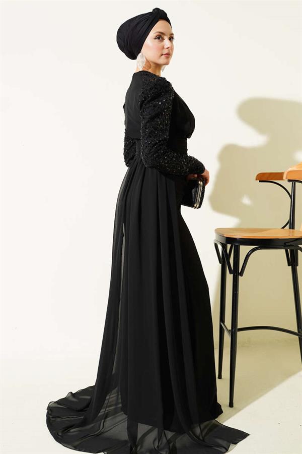 Black Evening Dress with Sequined Sleeves and Cape