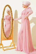 Pink Evening Dress with Sequined Sleeves and Cape