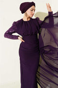 Purple Evening Dress with Sequined Sleeves and Cape