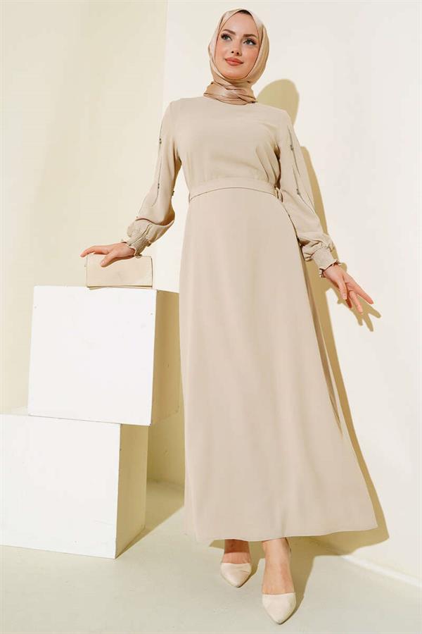 Belted Dress with Stone Embellished Sleeves Beige
