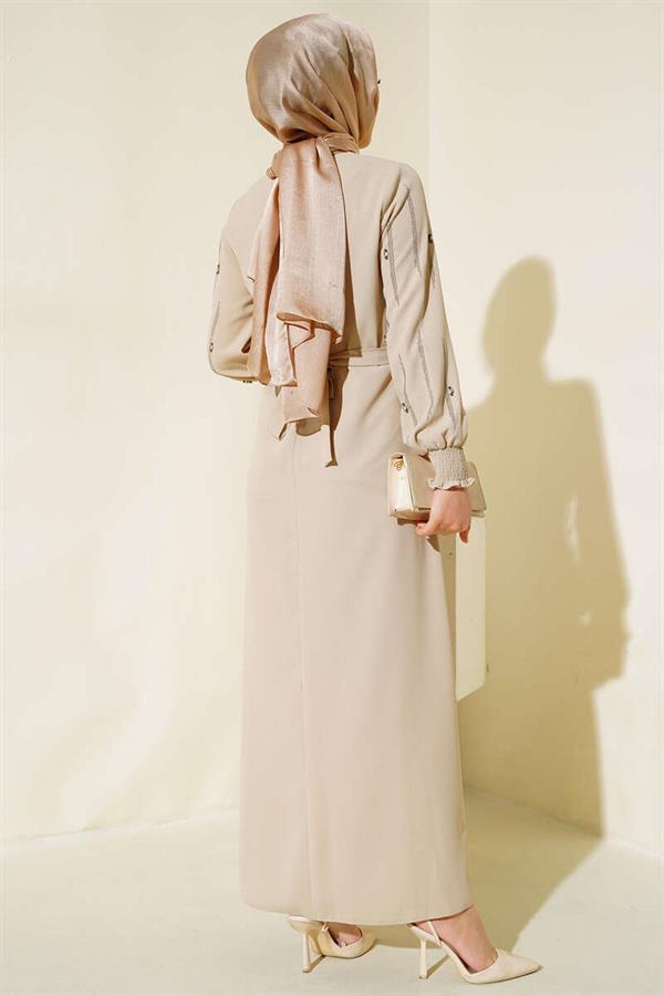 Belted Dress with Stone Embellished Sleeves Beige