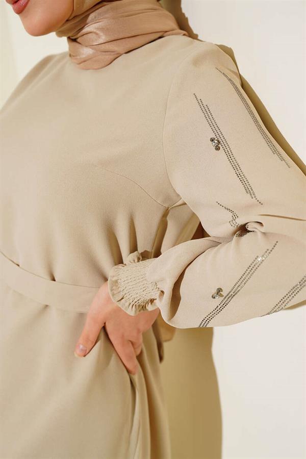 Belted Dress with Stone Embellished Sleeves Beige