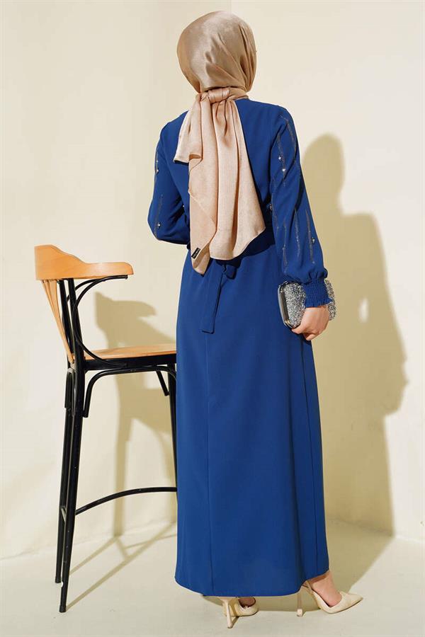 Belted Dress with Stone Embellished Sleeves Indigo