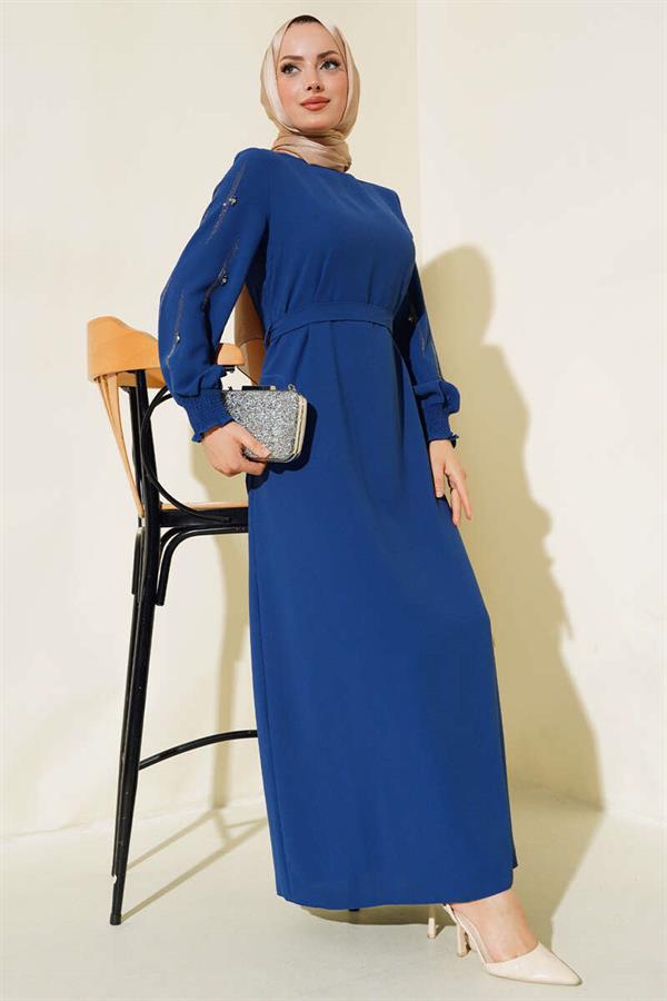 Belted Dress with Stone Embellished Sleeves Indigo