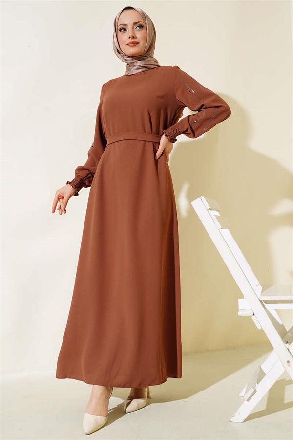 Belted Dress with Stone Embellished Sleeves, Tan