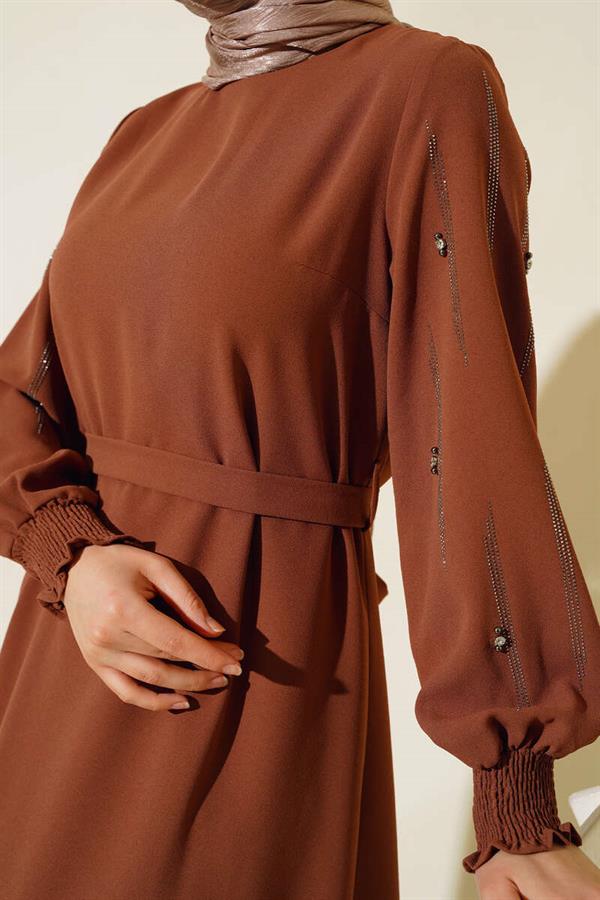 Belted Dress with Stone Embellished Sleeves, Tan