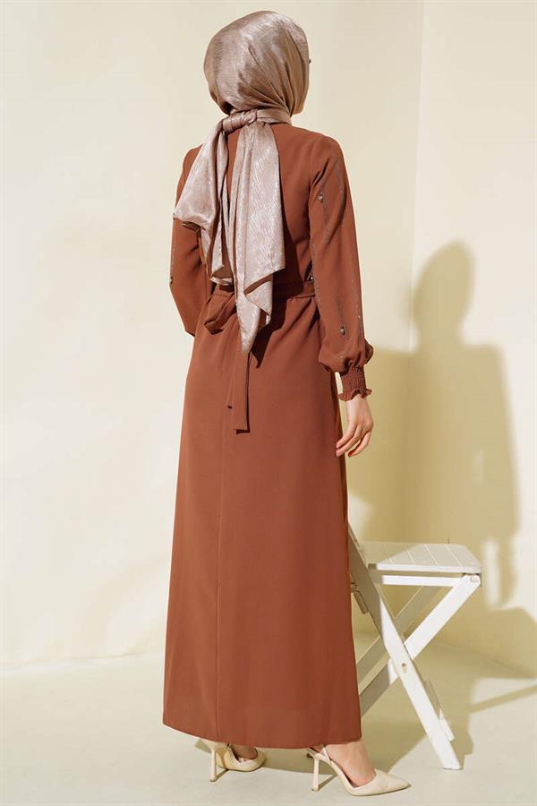 Belted Dress with Stone Embellished Sleeves, Tan
