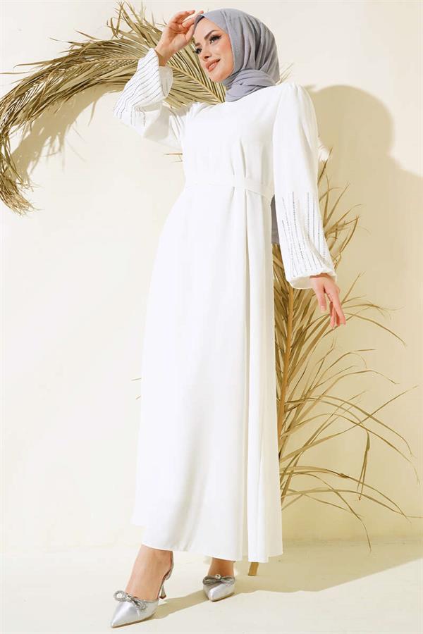 Belted Dress with Stoned Sleeves in Ecru