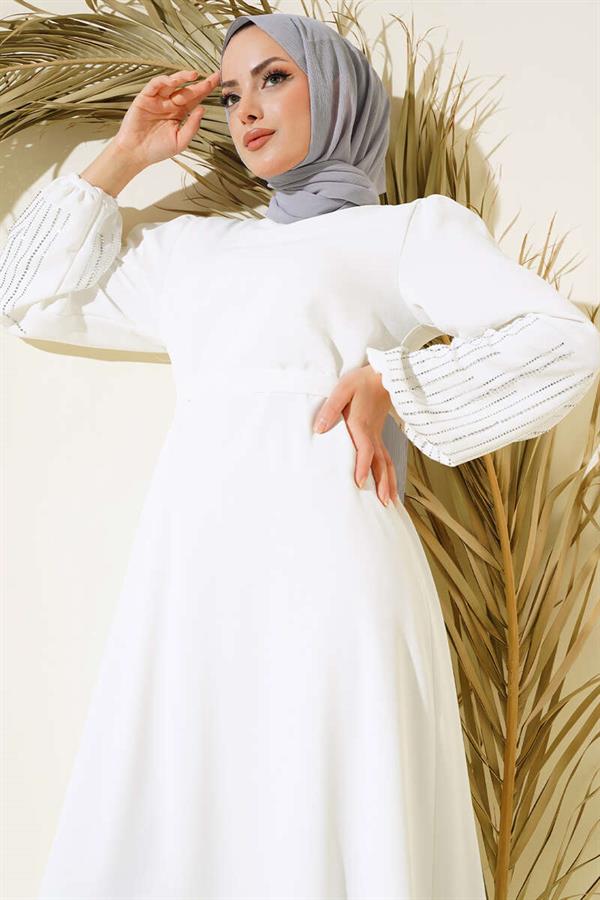 Belted Dress with Stoned Sleeves in Ecru