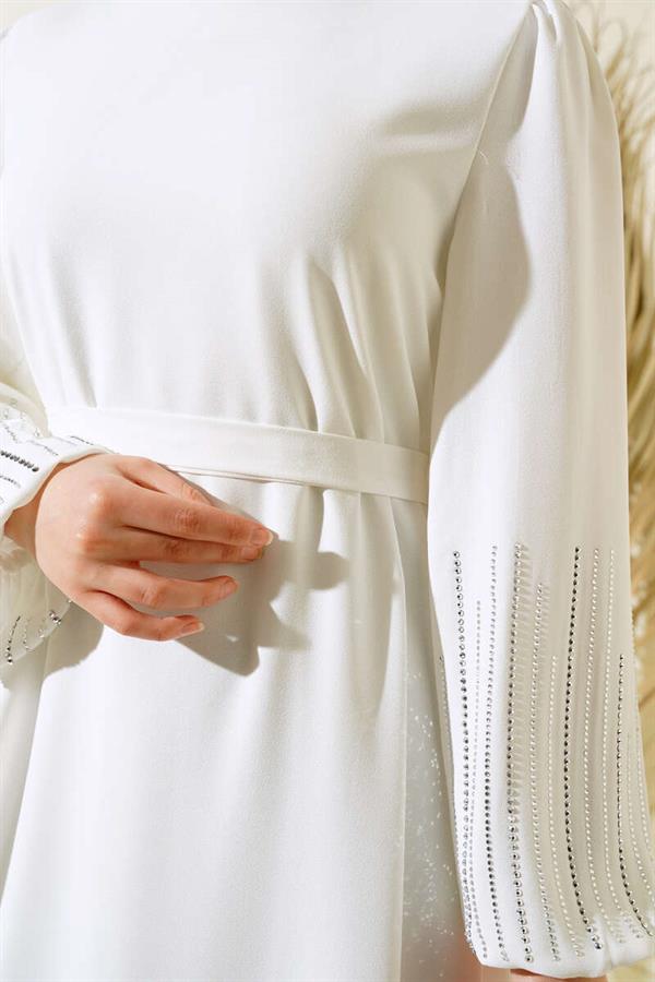 Belted Dress with Stoned Sleeves in Ecru