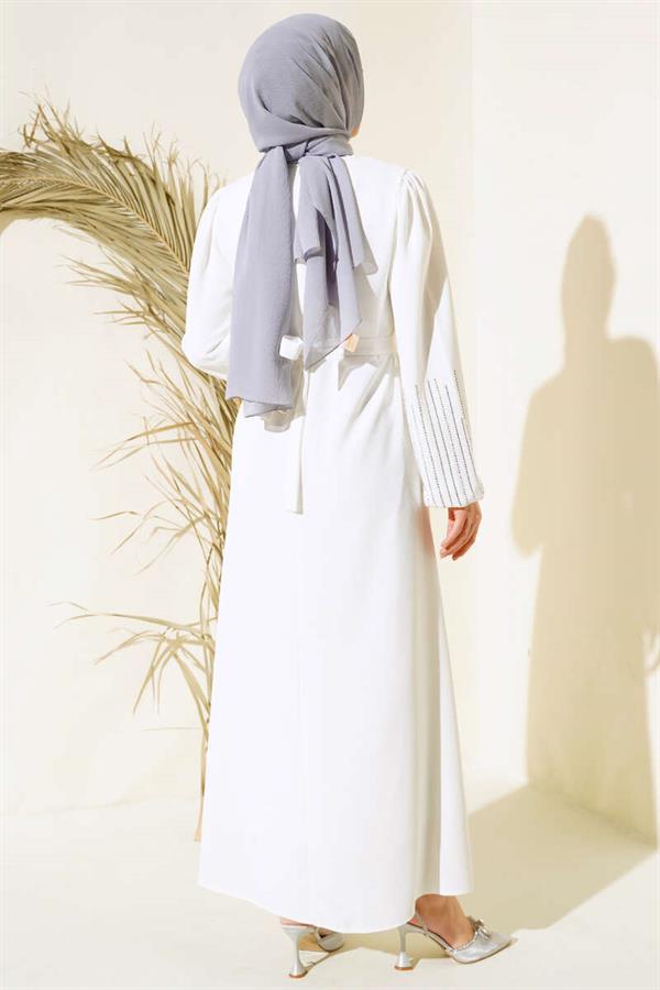 Belted Dress with Stoned Sleeves in Ecru
