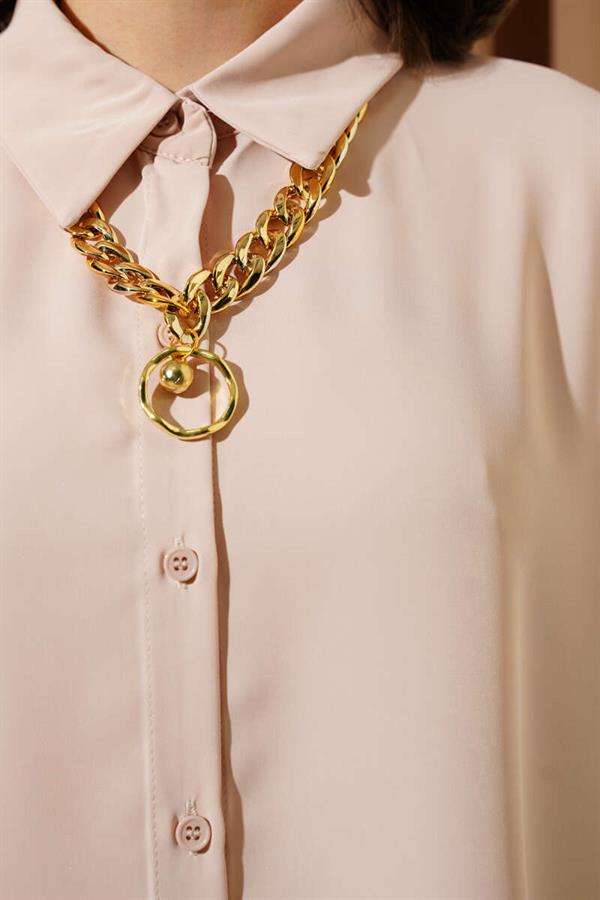 Bat Sleeve Casual Shirt with Necklace Beige