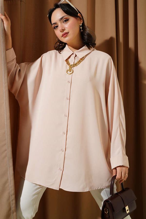 Bat Sleeve Casual Shirt with Necklace Beige