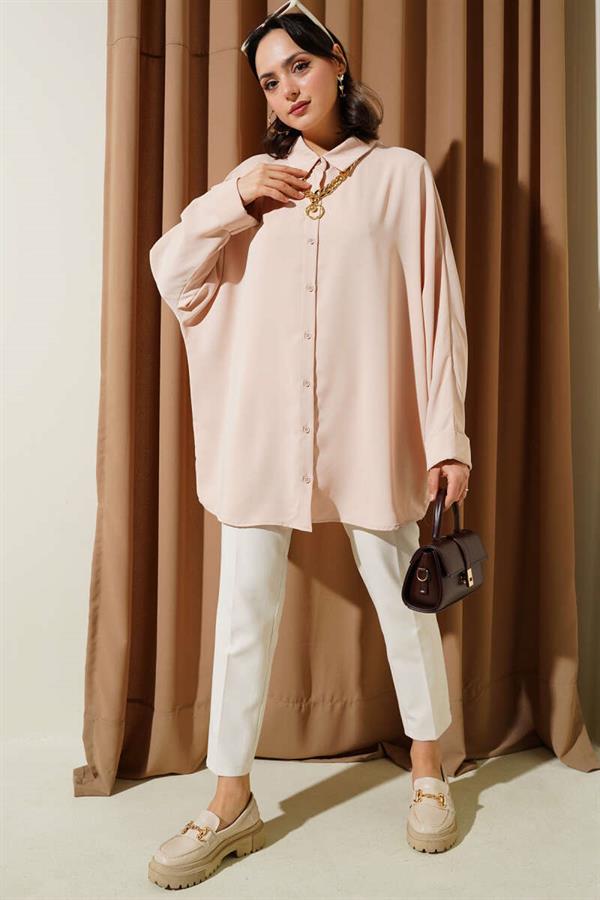 Bat Sleeve Casual Shirt with Necklace Beige