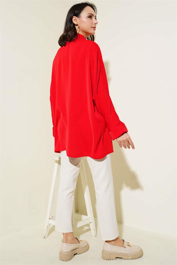 Bat Sleeve Casual Shirt with Necklace Red