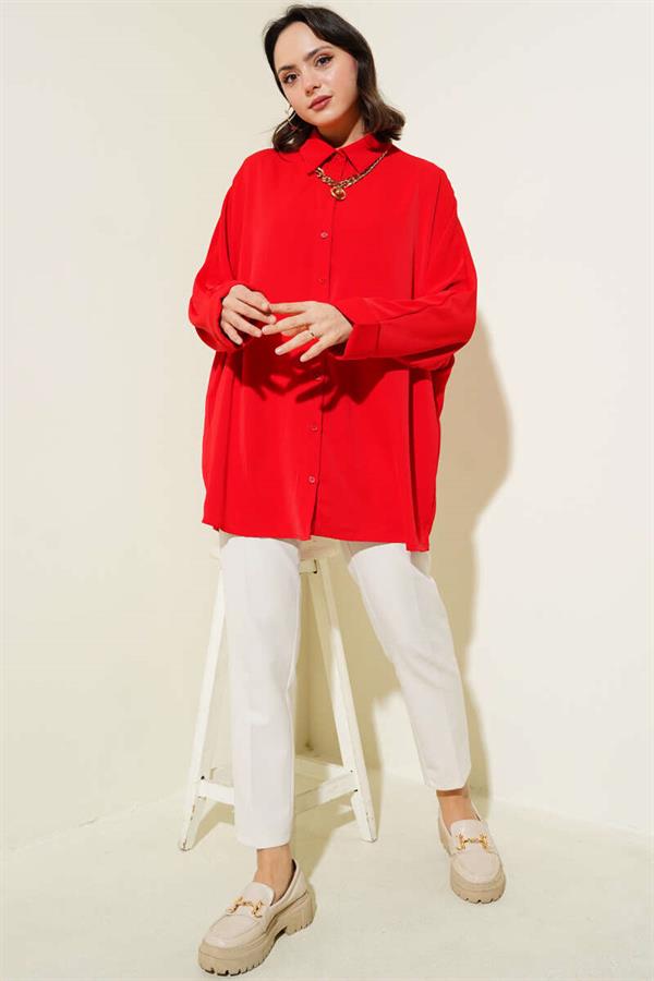 Bat Sleeve Casual Shirt with Necklace Red
